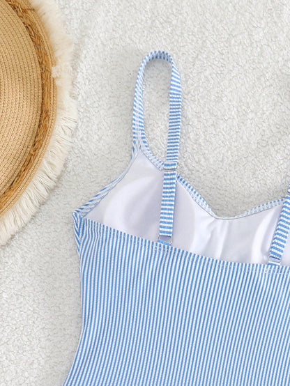 Swim Lushoire Women's Summer Beach Vacations Blue And White Striped Crisscross Swim Dress,Modest, Casual, And Elegant Swimwear