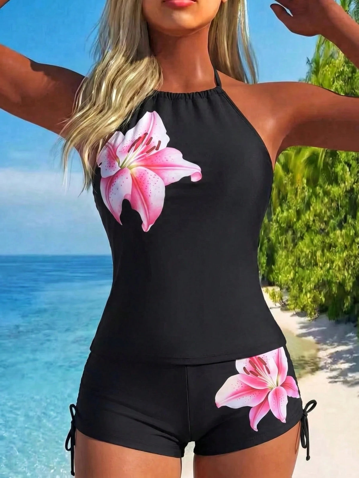 Swim Lushoire Women's Summer Vacation Beach Floral Print Halter Tankini Set
