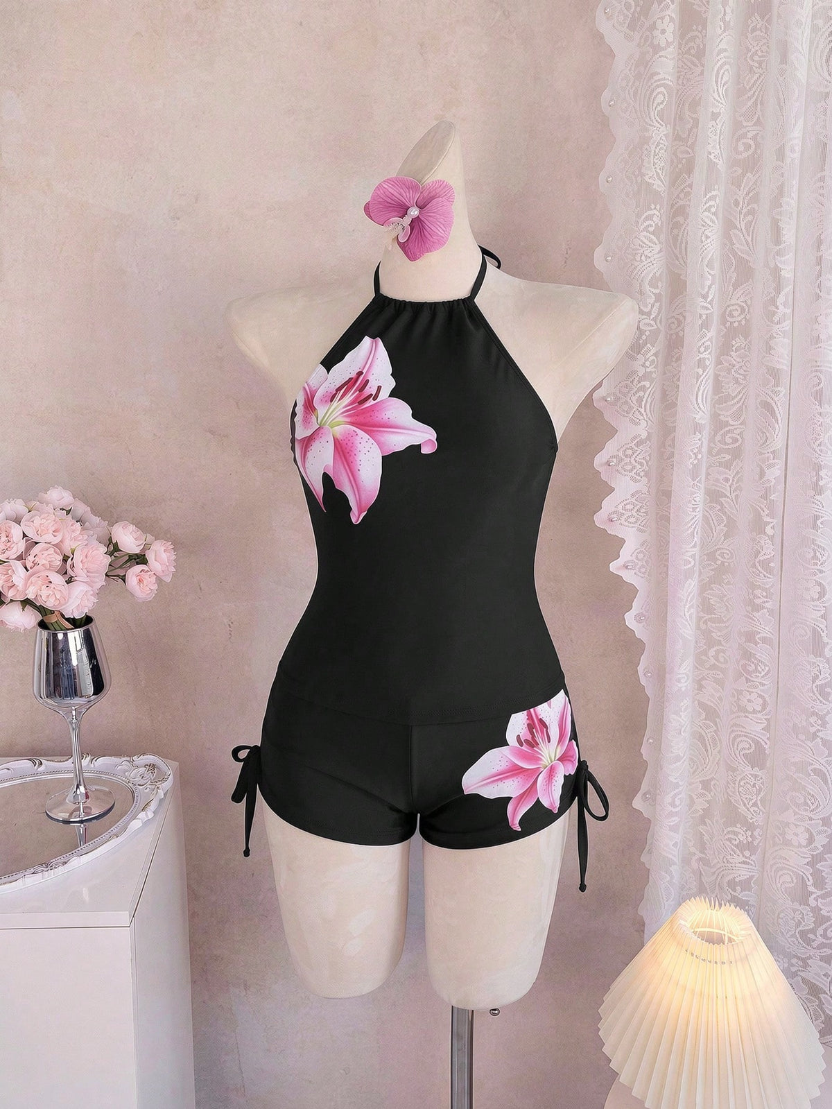 Swim Lushoire Women's Summer Vacation Beach Floral Print Halter Tankini Set