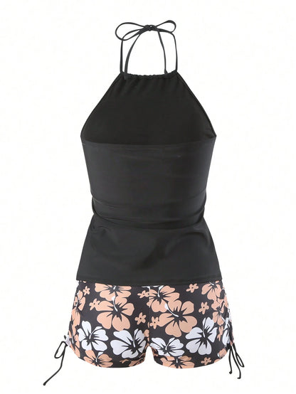 Swim Lushoire Women's Summer Vacation Beach Floral Print Halter Tankini Set