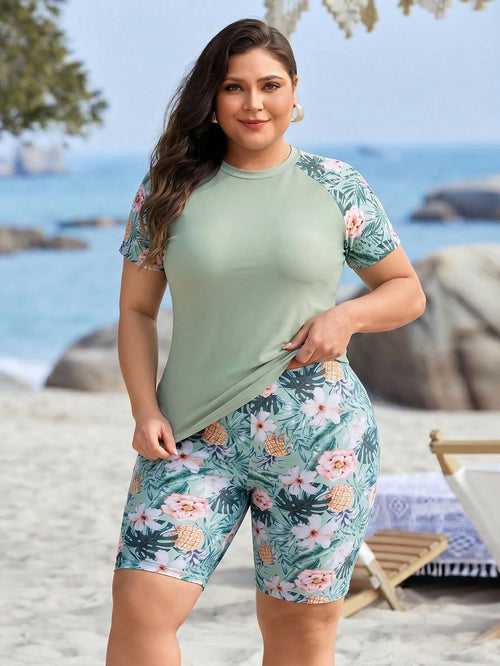 Swim Lushoire Women's Summer Vacation Beach Tropical Plant Print Tankini Set