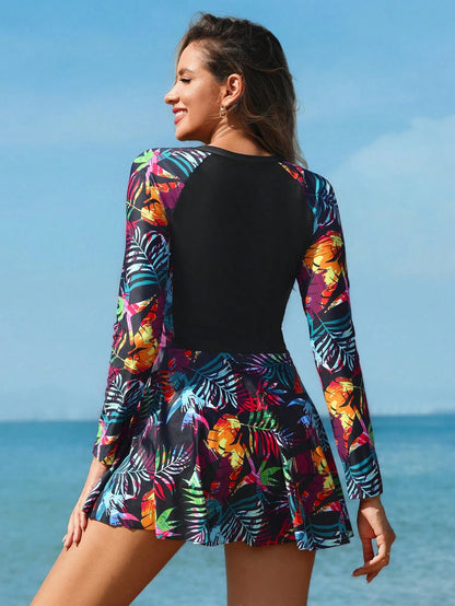 Swim Lushoire Women Tropical Print Zip-Up Tankini Swimwear Set With Board Shorts, Summer Beach