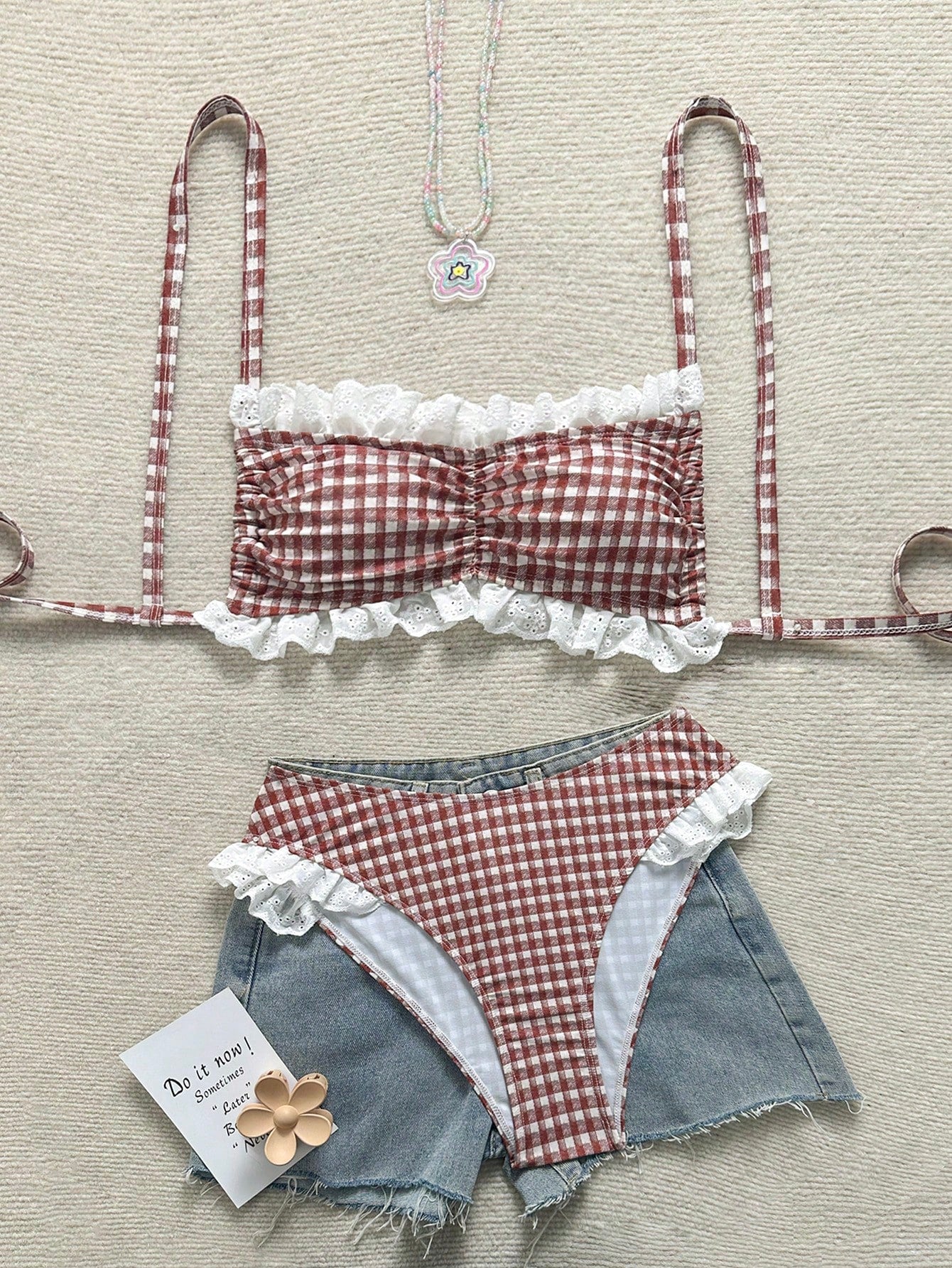 Swim Mod 2026 New Spring/Summer Plus Size Women's Red Plaid Pattern Lace Trim Adjustable Strap Sexy Matching Triangle Bottoms Casual Beach Party Swimwear