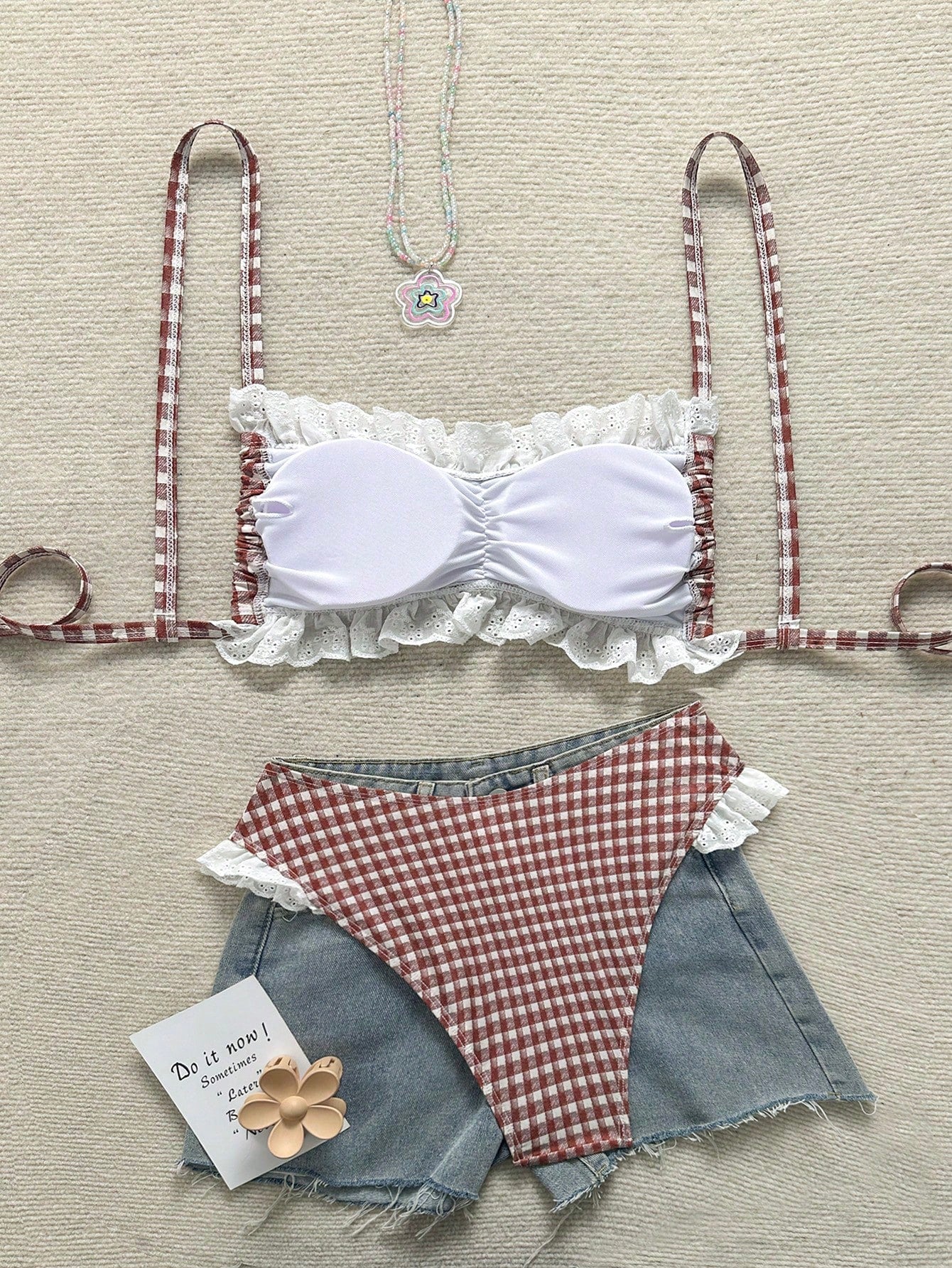 Swim Mod 2026 New Spring/Summer Plus Size Women's Red Plaid Pattern Lace Trim Adjustable Strap Sexy Matching Triangle Bottoms Casual Beach Party Swimwear