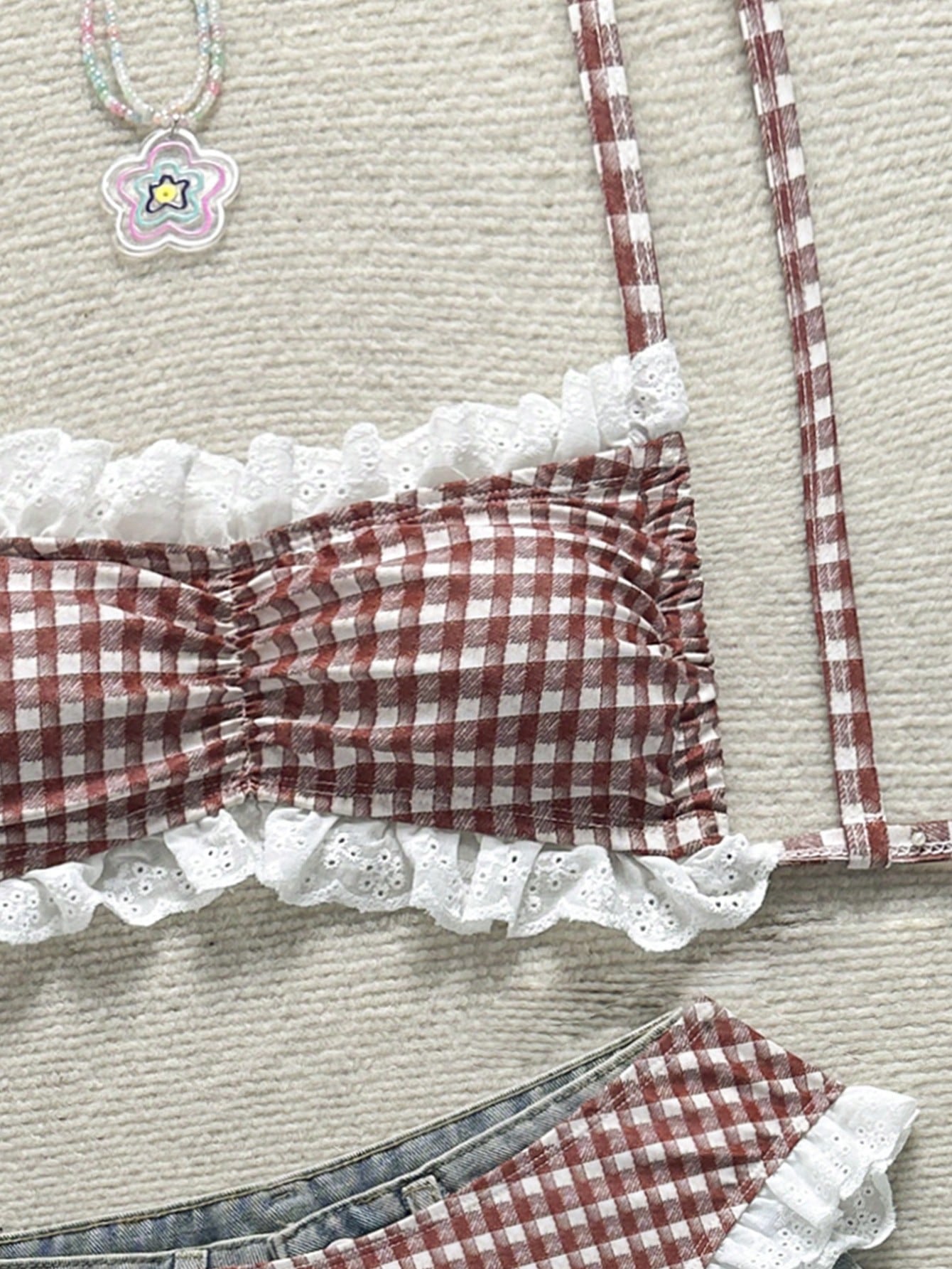 Swim Mod 2026 New Spring/Summer Plus Size Women's Red Plaid Pattern Lace Trim Adjustable Strap Sexy Matching Triangle Bottoms Casual Beach Party Swimwear