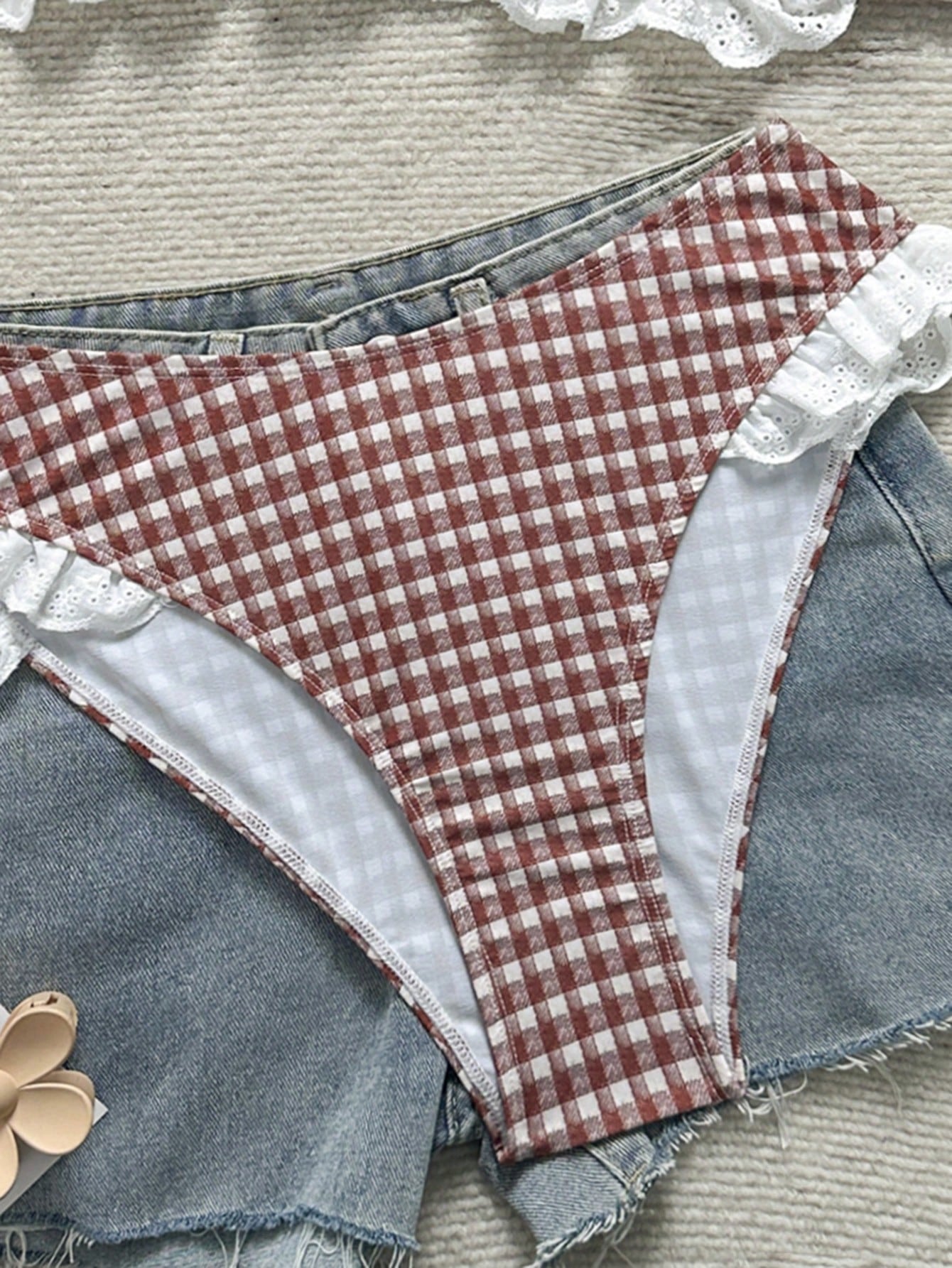 Swim Mod 2026 New Spring/Summer Plus Size Women's Red Plaid Pattern Lace Trim Adjustable Strap Sexy Matching Triangle Bottoms Casual Beach Party Swimwear