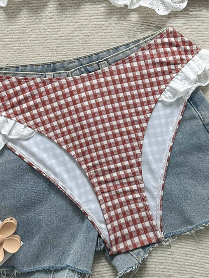 Swim Mod 2026 New Spring/Summer Plus Size Women's Red Plaid Pattern Lace Trim Adjustable Strap Sexy Matching Triangle Bottoms Casual Beach Party Swimwear
