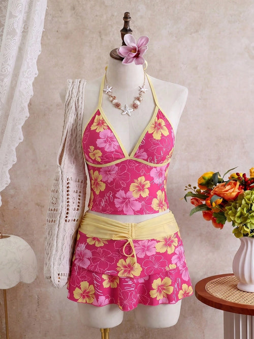 Swim Mod 2026 New Spring/Summer Plus Size Women's Rose Red Floral Print Halter Top With Bikini Bottoms And Multi-Layered Skirt Casual Vacation Beach Party Swimsuit Set