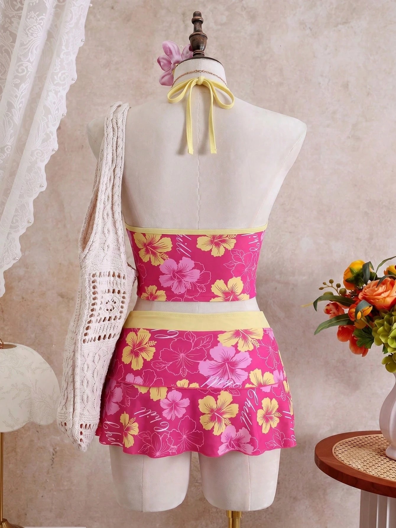 Swim Mod 2026 New Spring/Summer Plus Size Women's Rose Red Floral Print Halter Top With Bikini Bottoms And Multi-Layered Skirt Casual Vacation Beach Party Swimsuit Set