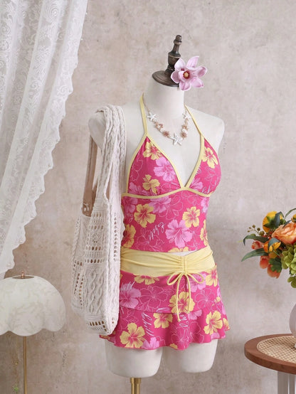 Swim Mod 2026 New Spring/Summer Plus Size Women's Rose Red Floral Print Halter Top With Bikini Bottoms And Multi-Layered Skirt Casual Vacation Beach Party Swimsuit Set