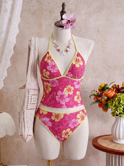 Swim Mod 2026 New Spring/Summer Plus Size Women's Rose Red Floral Print Halter Top With Bikini Bottoms And Multi-Layered Skirt Casual Vacation Beach Party Swimsuit Set