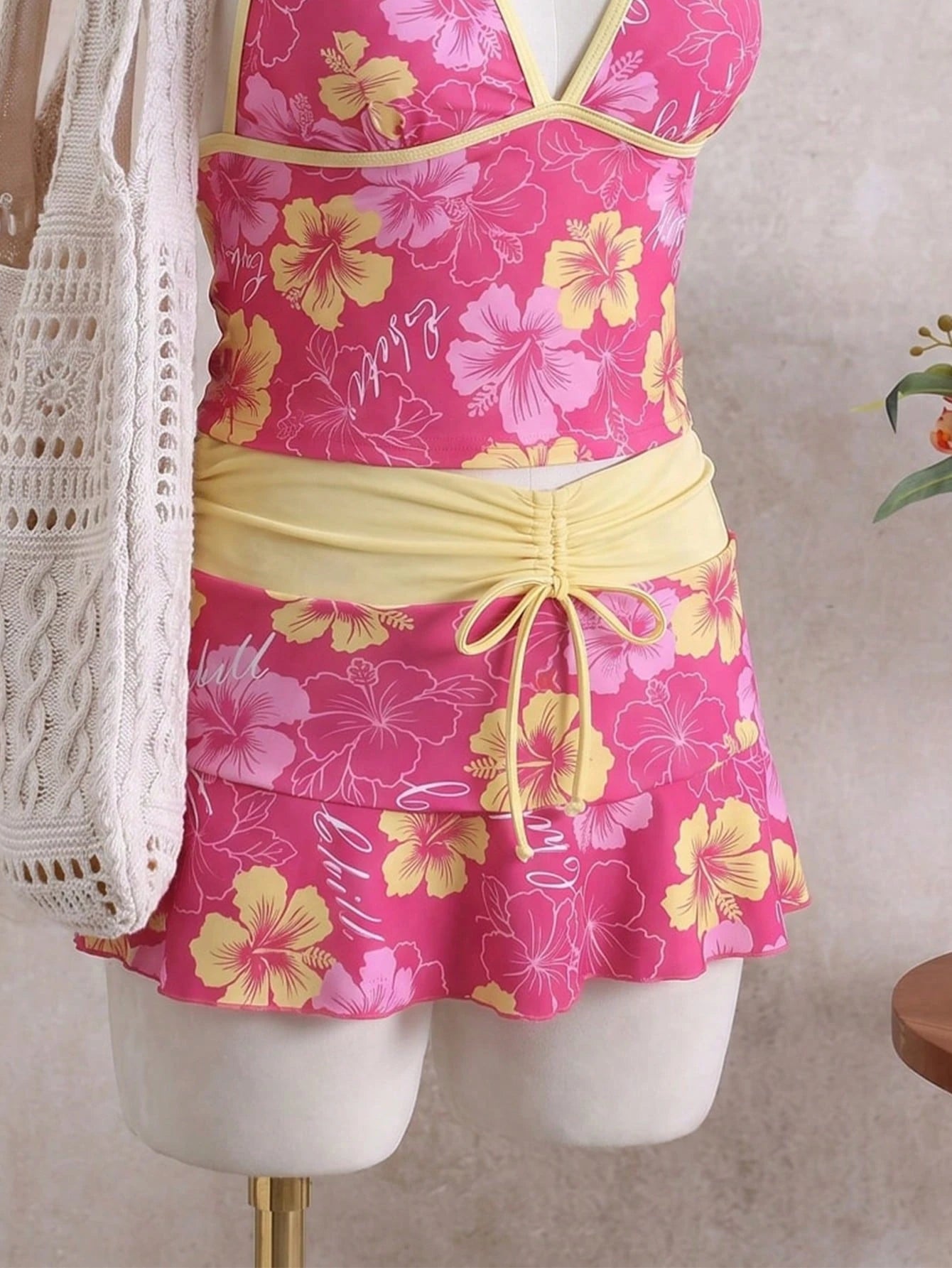 Swim Mod 2026 New Spring/Summer Plus Size Women's Rose Red Floral Print Halter Top With Bikini Bottoms And Multi-Layered Skirt Casual Vacation Beach Party Swimsuit Set