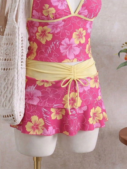 Swim Mod 2026 New Spring/Summer Plus Size Women's Rose Red Floral Print Halter Top With Bikini Bottoms And Multi-Layered Skirt Casual Vacation Beach Party Swimsuit Set