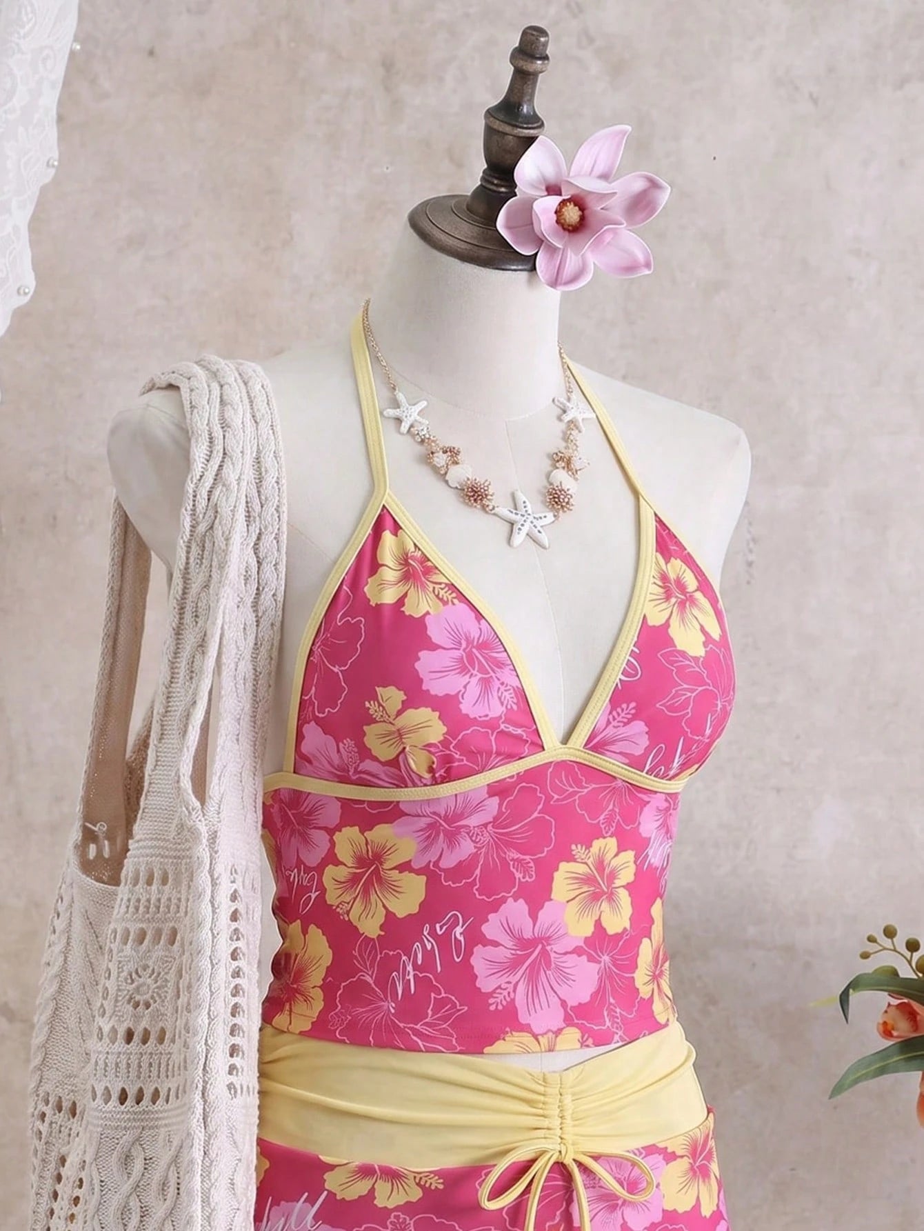 Swim Mod 2026 New Spring/Summer Plus Size Women's Rose Red Floral Print Halter Top With Bikini Bottoms And Multi-Layered Skirt Casual Vacation Beach Party Swimsuit Set