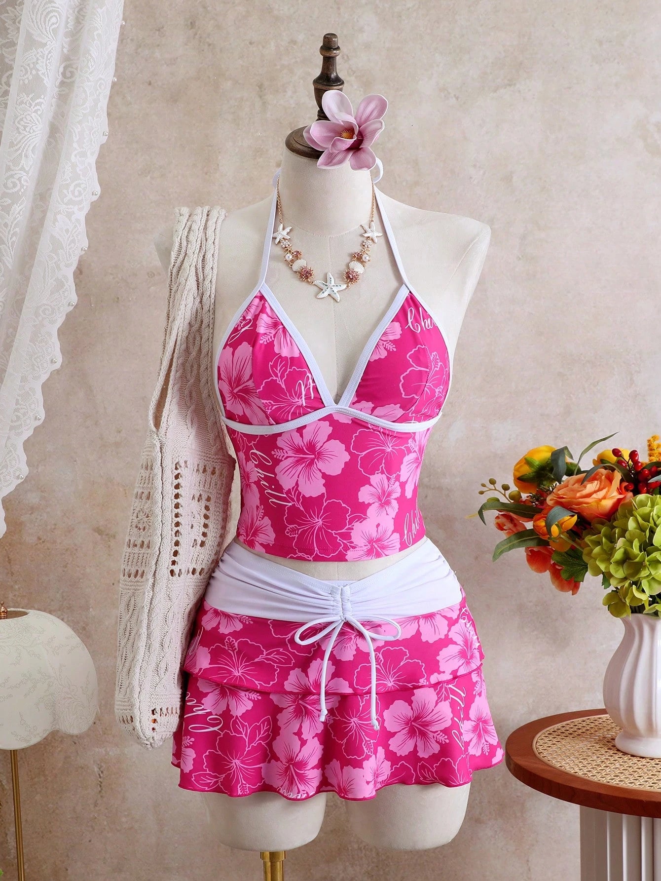 Swim Mod 2026 New Spring/Summer Plus Size Women's Rose Red Floral Print Halter Top With Bikini Bottoms And Multi-Layered Skirt Casual Vacation Beach Party Swimsuit Set
