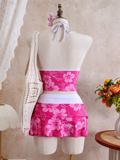 Swim Mod 2026 New Spring/Summer Plus Size Women's Rose Red Floral Print Halter Top With Bikini Bottoms And Multi-Layered Skirt Casual Vacation Beach Party Swimsuit Set