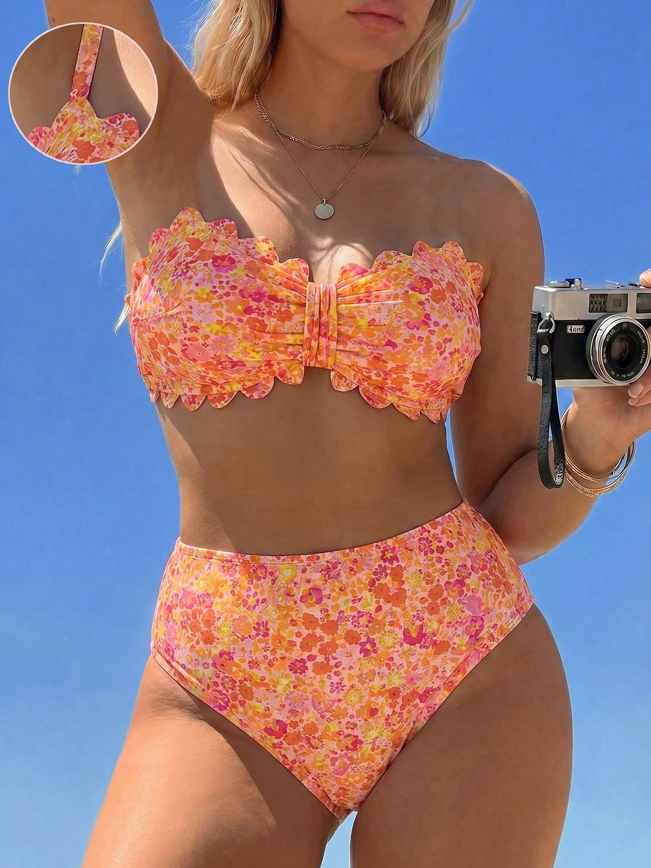Swim Mod 2026 Spring/Summer Hot-Selling New Fresh Ribbed Digital Print Sexy Bikini 2-Piece Swimsuit With Removable Padded Cups, Detachable Adjustable Straps, Bandeau Top With Petal Accessory, Traditio