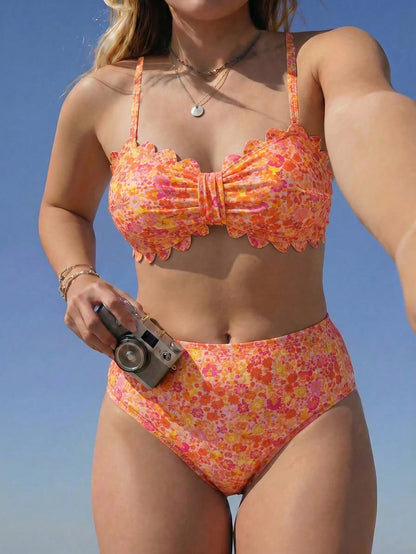 Swim Mod 2026 Spring/Summer Hot-Selling New Fresh Ribbed Digital Print Sexy Bikini 2-Piece Swimsuit With Removable Padded Cups, Detachable Adjustable Straps, Bandeau Top With Petal Accessory, Traditio