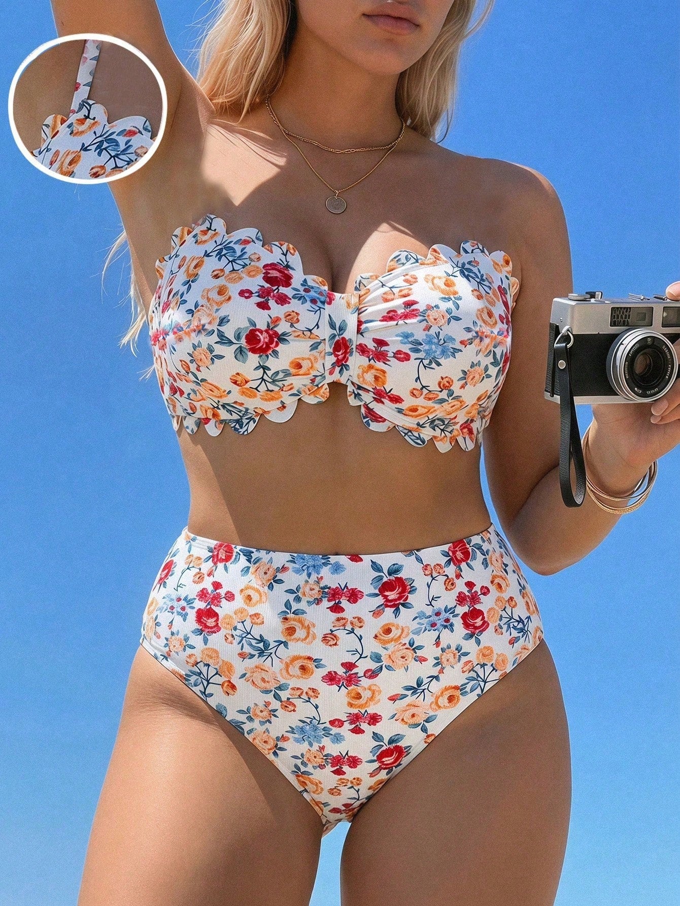 Swim Mod 2026 Spring/Summer Hot-Selling New Fresh Ribbed Digital Print Sexy Bikini 2-Piece Swimsuit With Removable Padded Cups, Detachable Adjustable Straps, Bandeau Top With Petal Accessory, Traditio