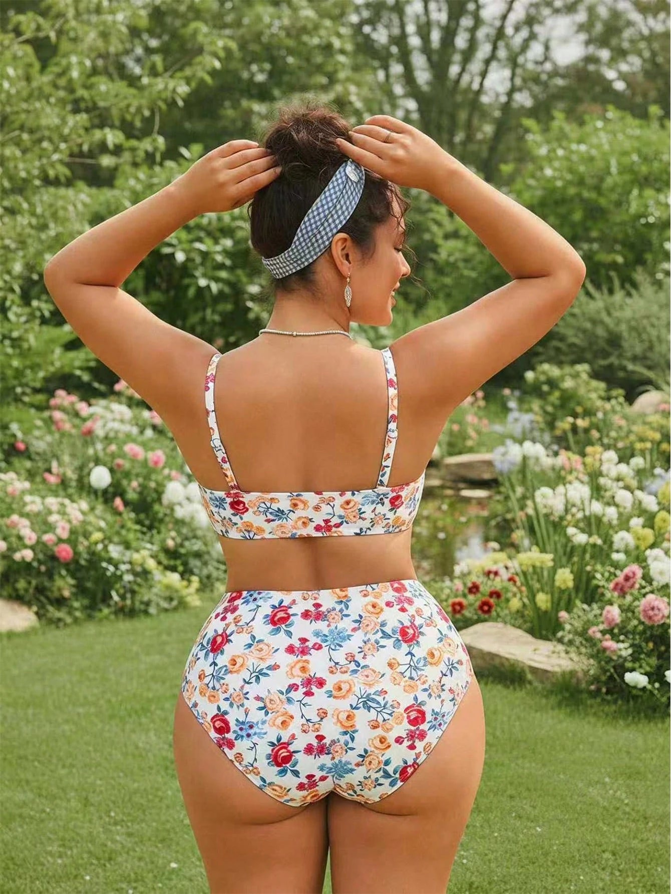 Swim Mod 2026 Spring/Summer Hot-Selling New Fresh Ribbed Digital Print Sexy Bikini 2-Piece Swimsuit With Removable Padded Cups, Detachable Adjustable Straps, Bandeau Top With Petal Accessory, Traditio