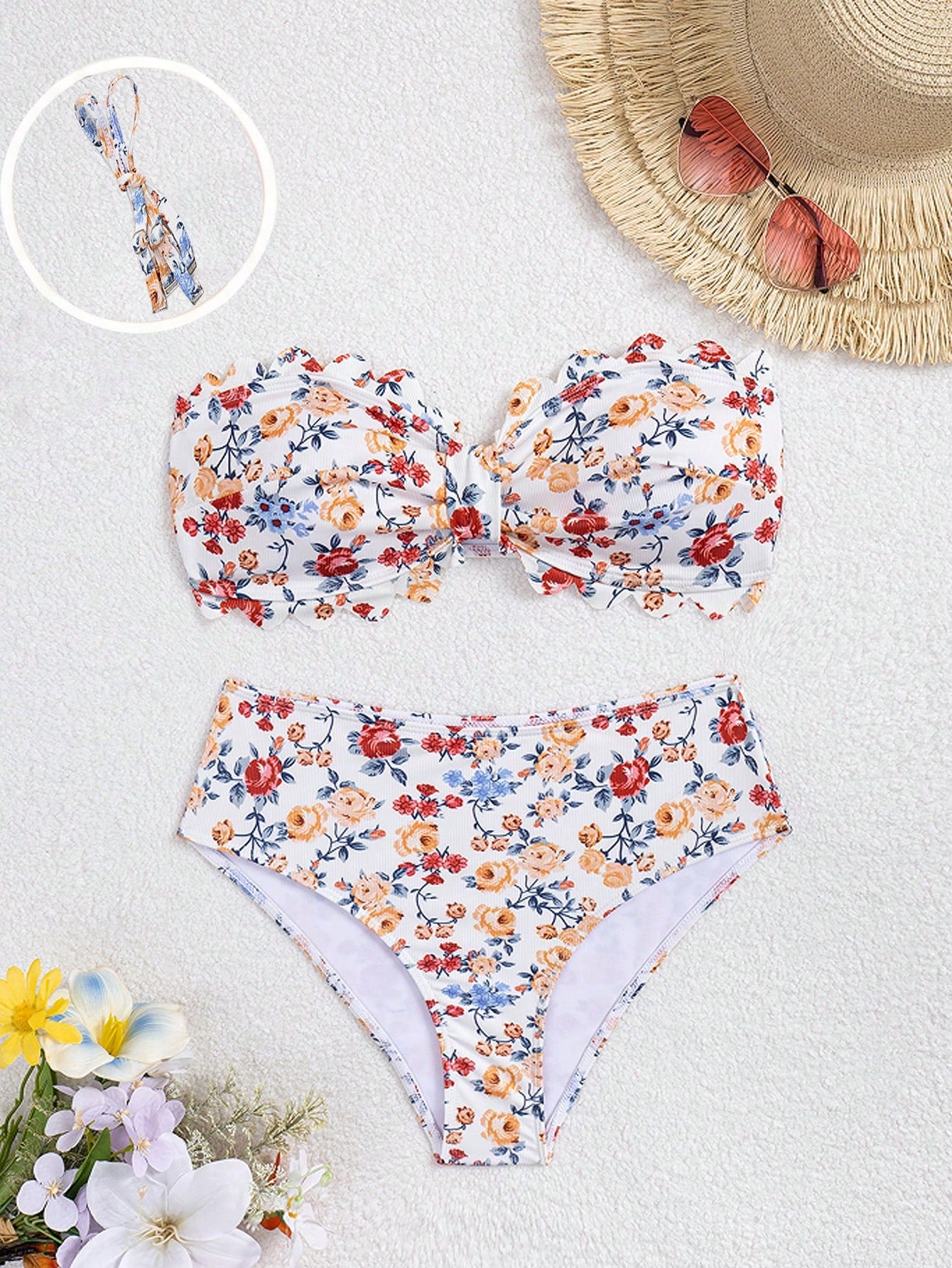 Swim Mod 2026 Spring/Summer Hot-Selling New Fresh Ribbed Digital Print Sexy Bikini 2-Piece Swimsuit With Removable Padded Cups, Detachable Adjustable Straps, Bandeau Top With Petal Accessory, Traditio