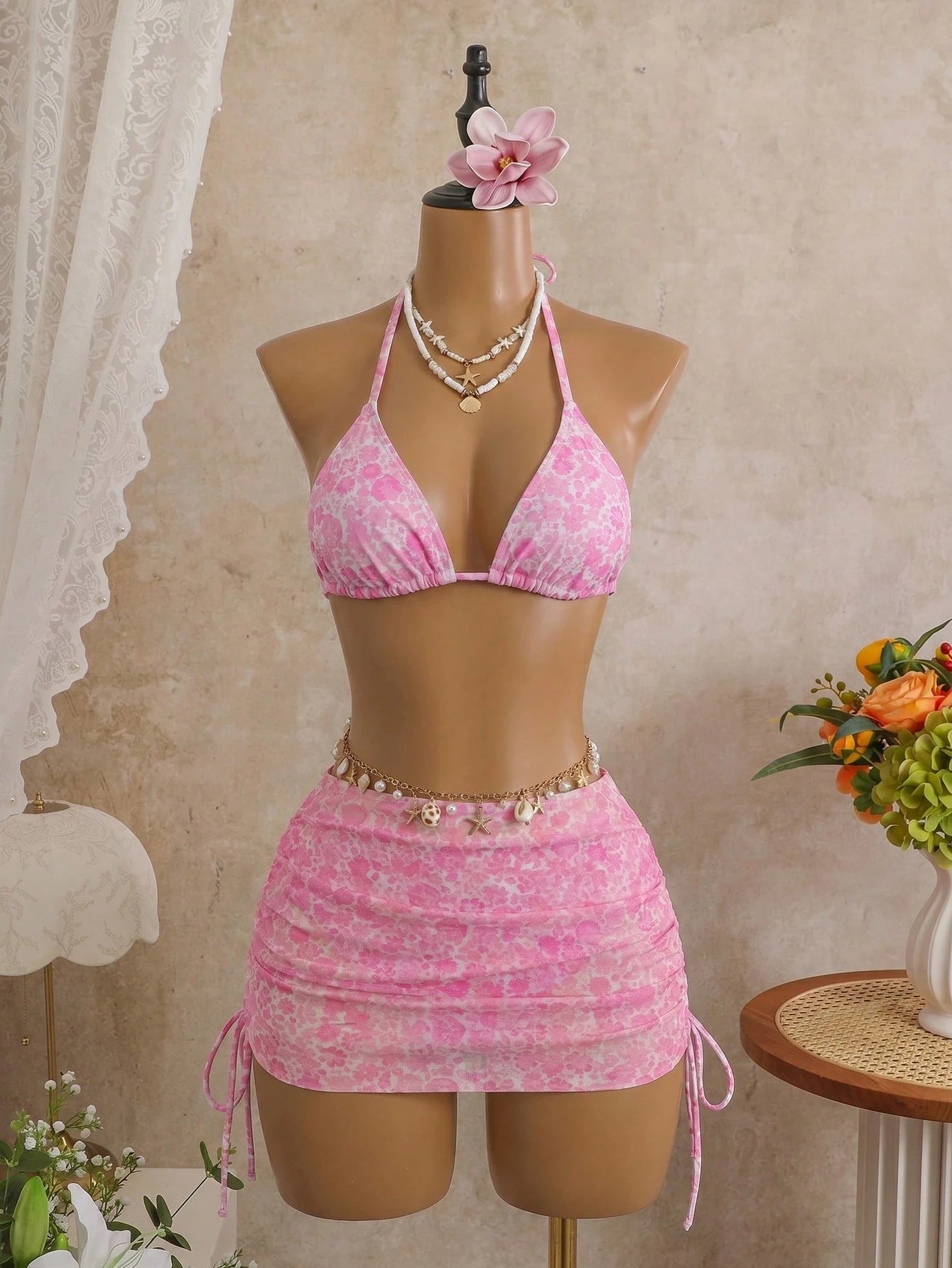 Swim Mod 3pcs Women's Sexy Leopard Print Halter Neck Triangle Cup Mesh Sarong Bikini Set Beach Skirt Set Pink Tankini Skirt Swimwear Set
