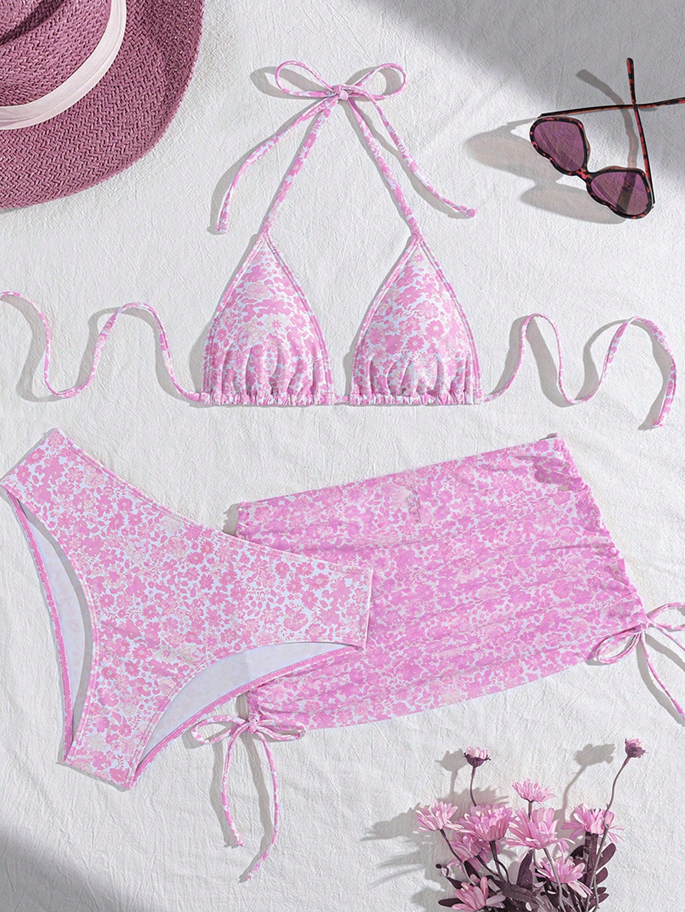 Swim Mod 3pcs Women's Sexy Leopard Print Halter Neck Triangle Cup Mesh Sarong Bikini Set Beach Skirt Set Pink Tankini Skirt Swimwear Set
