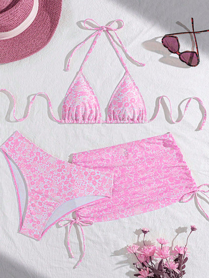 Swim Mod 3pcs Women's Sexy Leopard Print Halter Neck Triangle Cup Mesh Sarong Bikini Set Beach Skirt Set Pink Tankini Skirt Swimwear Set