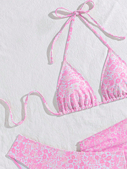 Swim Mod 3pcs Women's Sexy Leopard Print Halter Neck Triangle Cup Mesh Sarong Bikini Set Beach Skirt Set Pink Tankini Skirt Swimwear Set