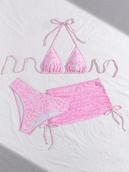 Swim Mod 3pcs Women's Sexy Leopard Print Halter Neck Triangle Cup Mesh Sarong Bikini Set Beach Skirt Set Pink Tankini Skirt Swimwear Set