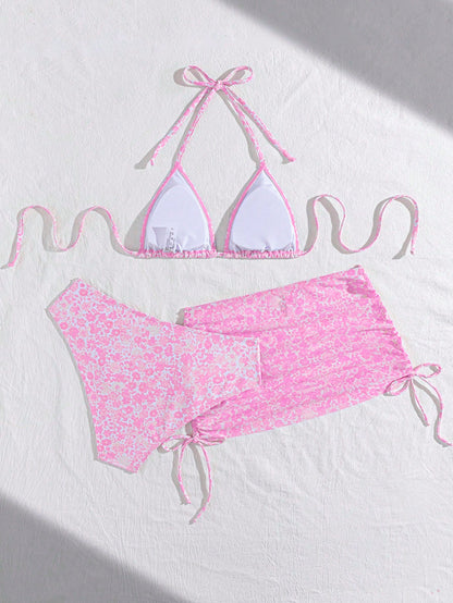 Swim Mod 3pcs Women's Sexy Leopard Print Halter Neck Triangle Cup Mesh Sarong Bikini Set Beach Skirt Set Pink Tankini Skirt Swimwear Set