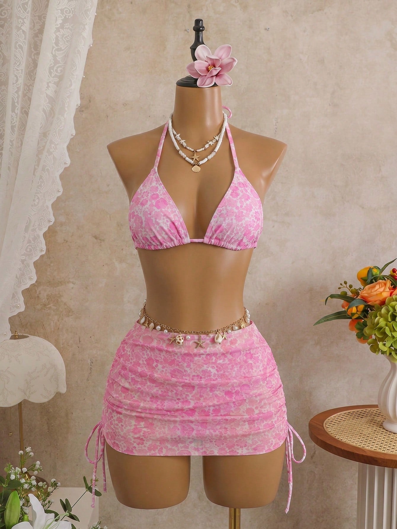 Swim Mod 3pcs Women's Sexy Leopard Print Halter Neck Triangle Cup Mesh Sarong Bikini Set Beach Skirt Set Pink Tankini Skirt Swimwear Set