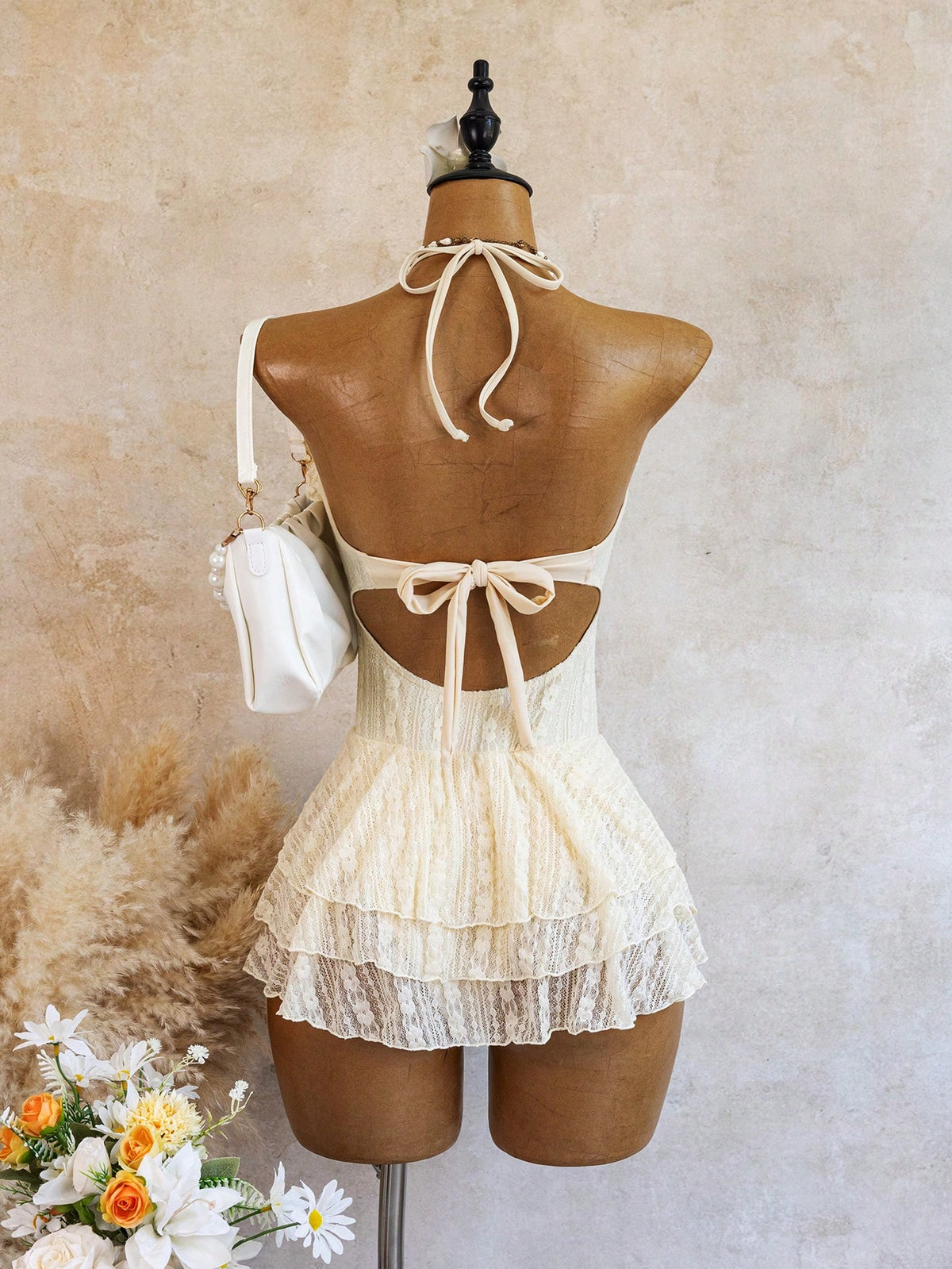 Swim Mod Beach Wear Sexy Cute Sequin Elegant Influencer Ruffle Neckline Lace Fabric Three-Layer Hem One-Piece Vacation Swim Dress White Summer