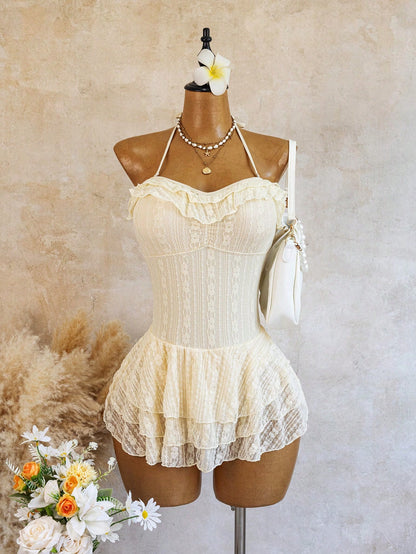Swim Mod Beach Wear Sexy Cute Sequin Elegant Influencer Ruffle Neckline Lace Fabric Three-Layer Hem One-Piece Vacation Swim Dress White Summer