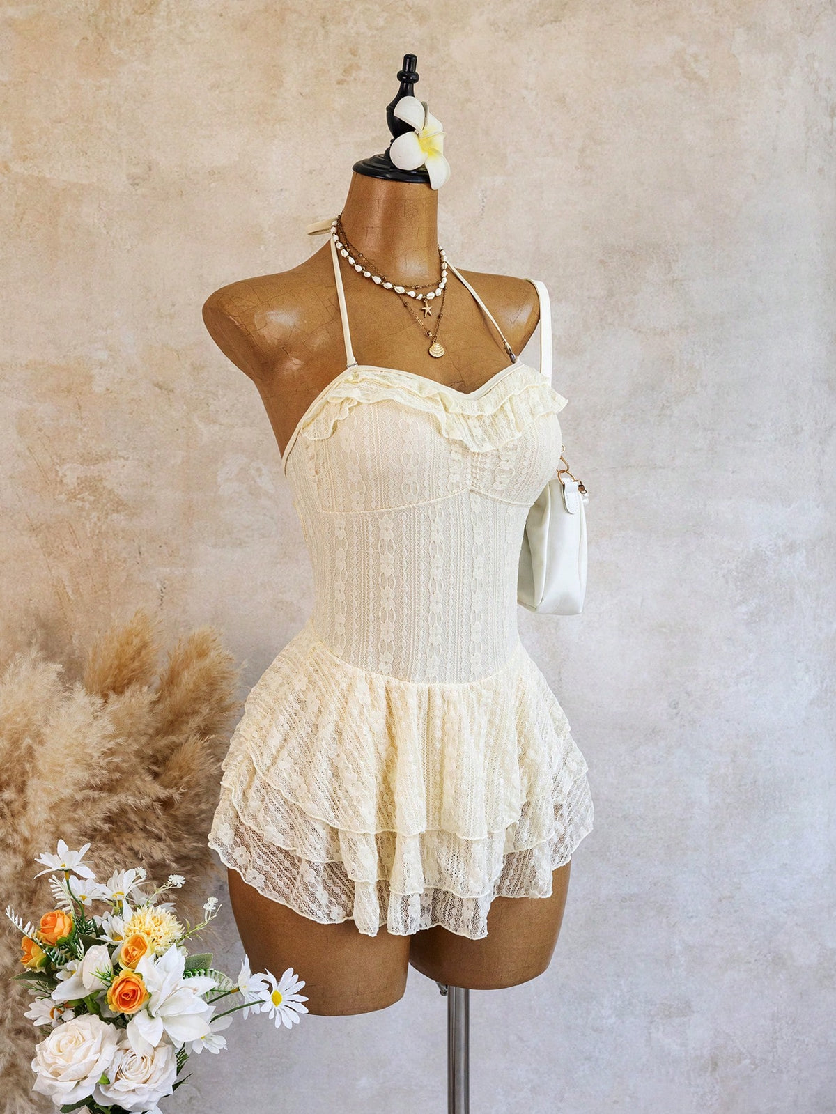 Swim Mod Beach Wear Sexy Cute Sequin Elegant Influencer Ruffle Neckline Lace Fabric Three-Layer Hem One-Piece Vacation Swim Dress White Summer