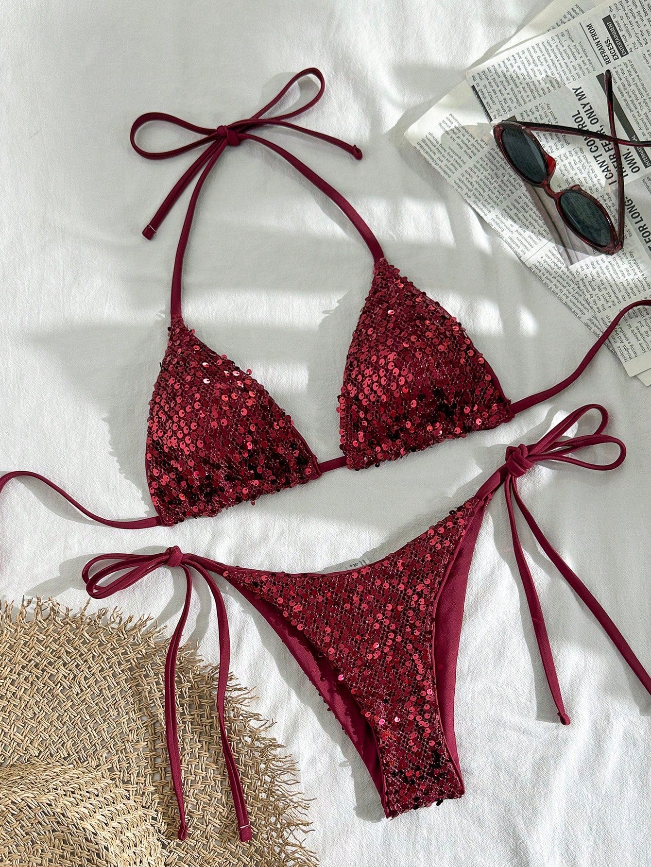 Swim Mod Ladies Halter Neck Summer Beach Swimwear Set, Fashionable Bra And Tie-Side Bikini Bottoms, Separate Bikini