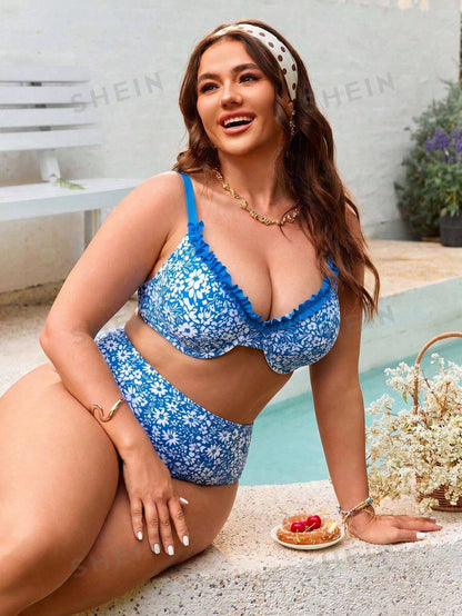 Swim Mod Plus-Size Ditsy Floral Underwire Push-Up Bikini Set (European And American Styles)