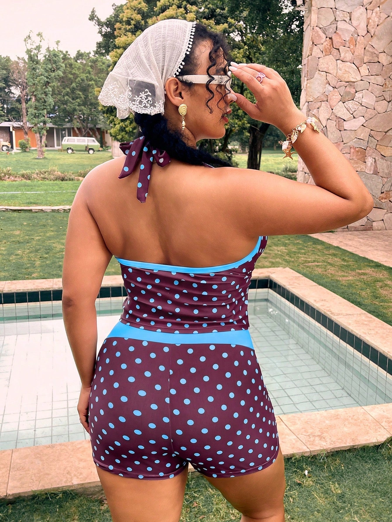 Swim Mod Plus Size Polka Dot Print Tankini Set