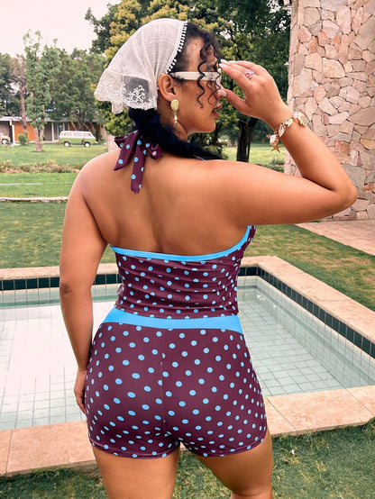 Swim Mod Plus Size Polka Dot Print Tankini Set