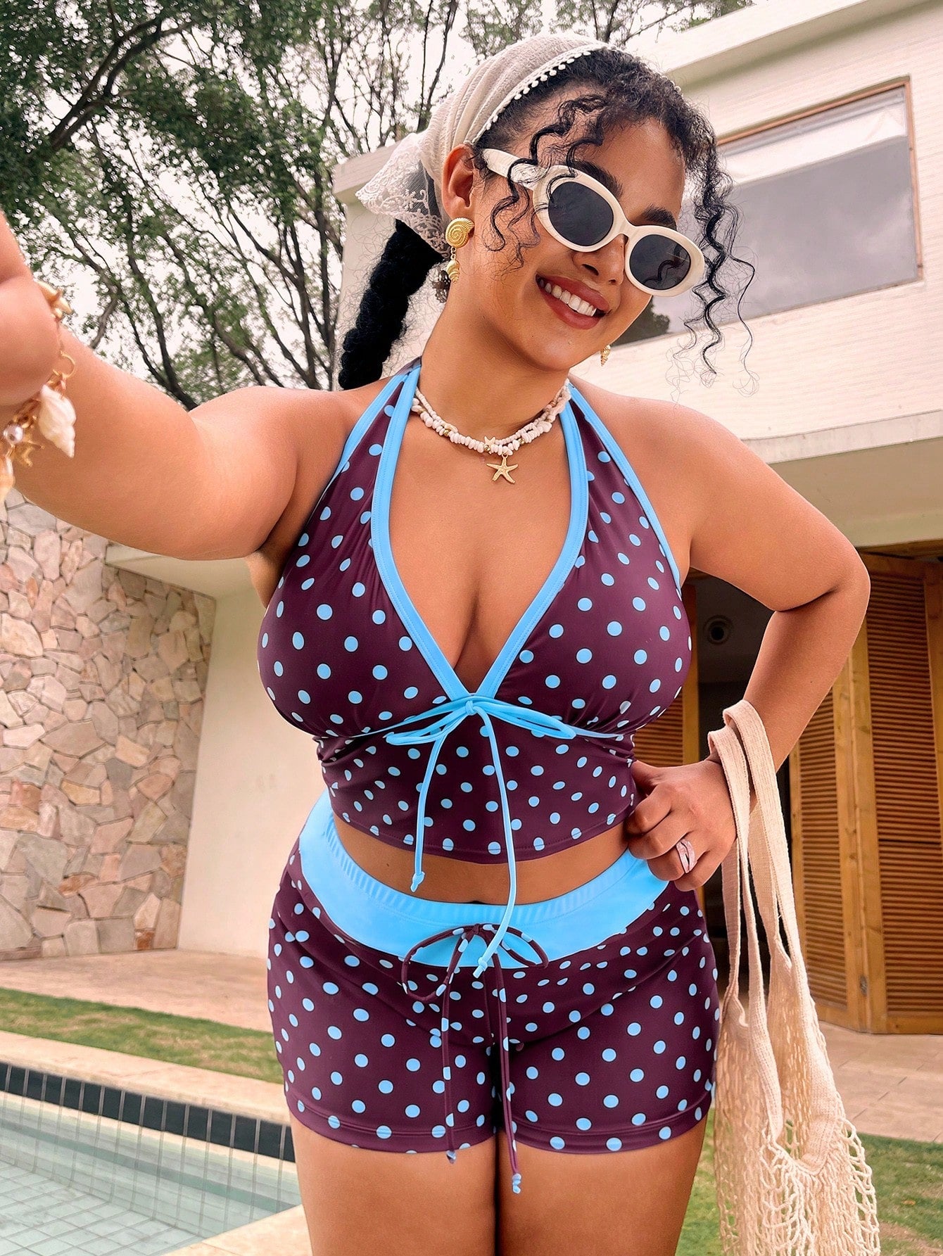 Swim Mod Plus Size Polka Dot Print Tankini Set