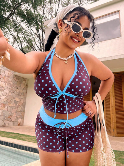 Swim Mod Plus Size Polka Dot Print Tankini Set