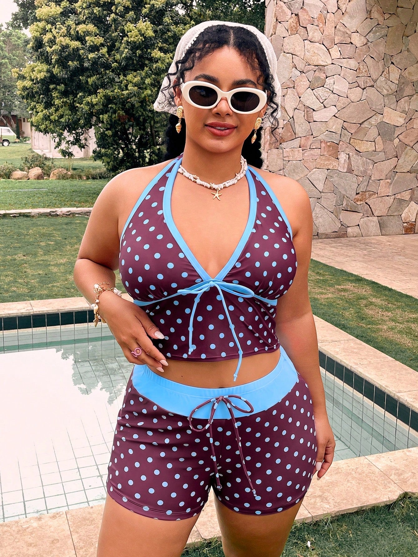 Swim Mod Plus Size Polka Dot Print Tankini Set