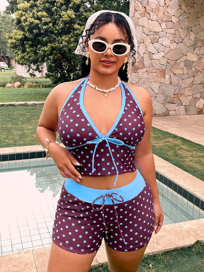 Swim Mod Plus Size Polka Dot Print Tankini Set