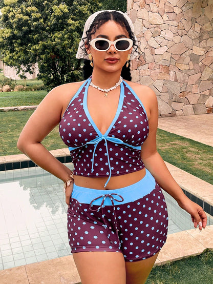 Swim Mod Plus Size Polka Dot Print Tankini Set