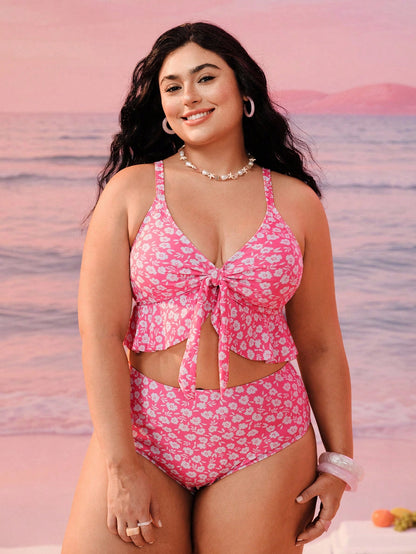 Swim Mod Plus Size Women 2pcs/Set Random Print Thick Strap Sexy Beach Vacation Holiday Bikini Swimwear Summer