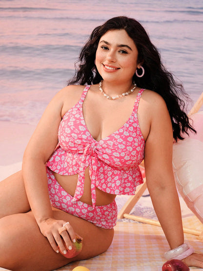 Swim Mod Plus Size Women 2pcs/Set Random Print Thick Strap Sexy Beach Vacation Holiday Bikini Swimwear Summer