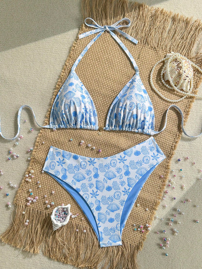 Swim Mod Plus Size Women's Shell Print Sweet Beach Vacation Bikini Set