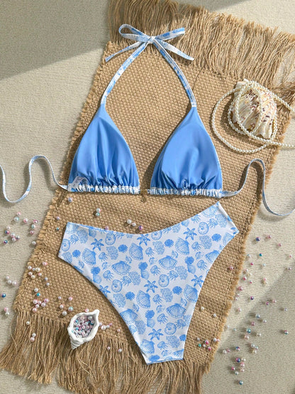 Swim Mod Plus Size Women's Shell Print Sweet Beach Vacation Bikini Set