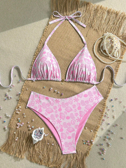 Swim Mod Plus Size Women's Shell Print Sweet Beach Vacation Bikini Set