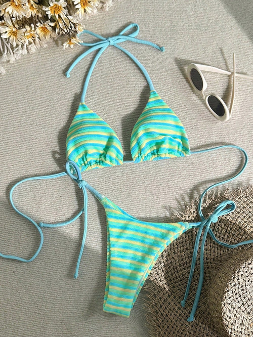 Swim Mod Plus Size Women's Sweet & Cute Minimalist Beach Vacation Casual Yellow & Blue Color Special Fabric Drawstring Halter Two Pieces Swimwear Set